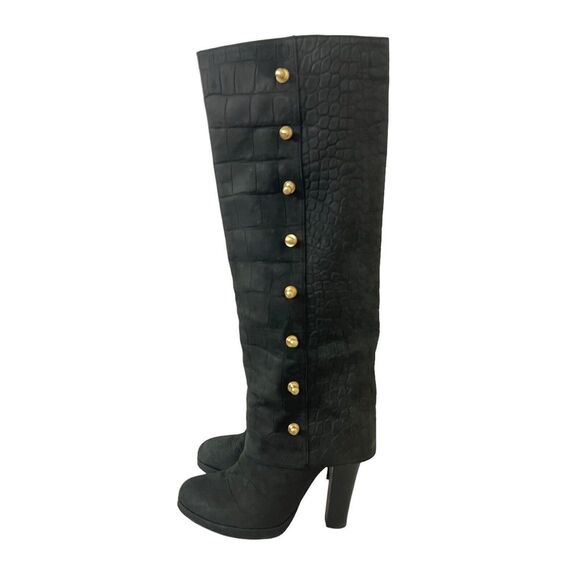 Thomas Wylde Womens Size 7 Black Croc Leather Foldover Studded Boot - Picture 3 of 8